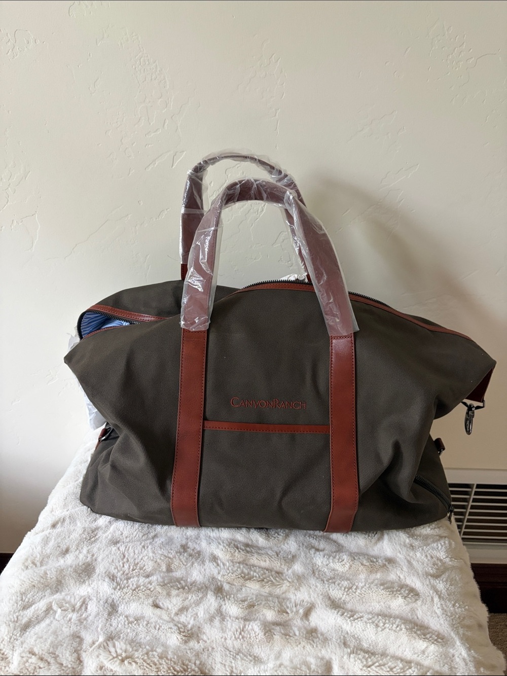 Olive Canvas Weekender Bag with Brown Leather Trim